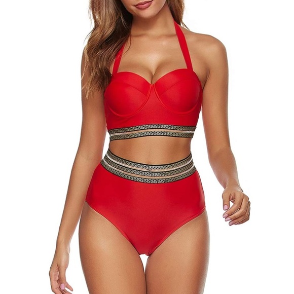 Swim New Red Black Pushup Highwaist Greek Key Detail Boutique Bikini